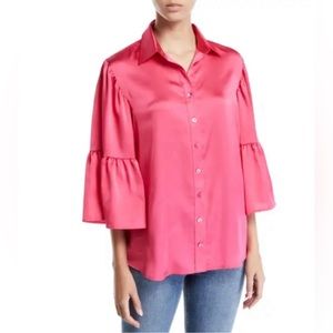NWT FINLEY Naomi Satin Blouse Ruffle Bell Sleeve Fuschia Pink Medium